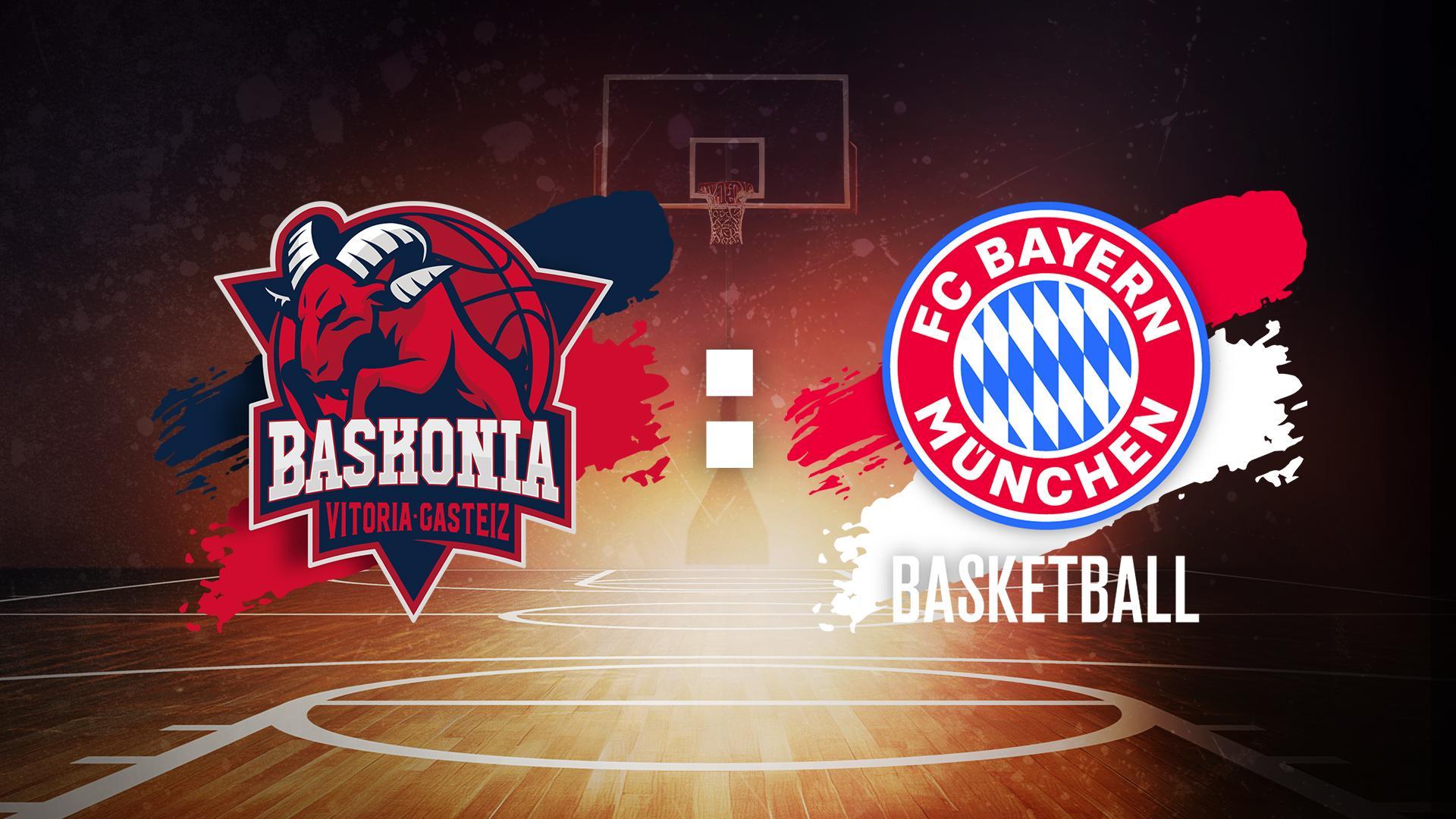 Werbegrafik EuroLeague mit Logos von Baskonia und Bayern vor Basketball-Hintergrund